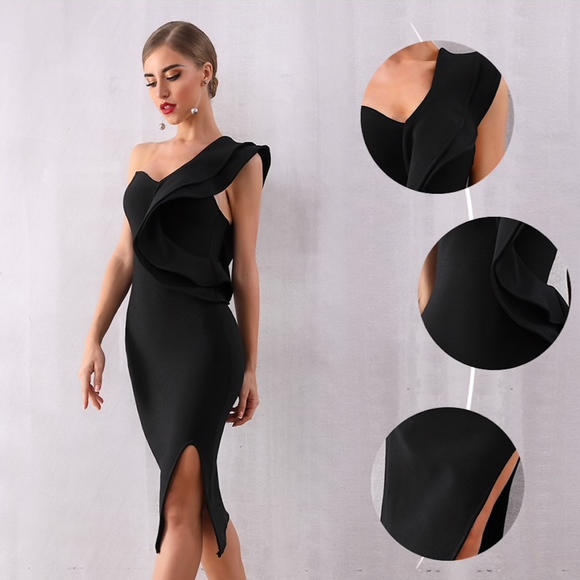 Bandage Flounce High Slit Pencil Black Dress - Picture 10 of 17